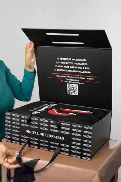 noir luxe custom box with noir luxe led backpack with explainer on how you can use it to promote